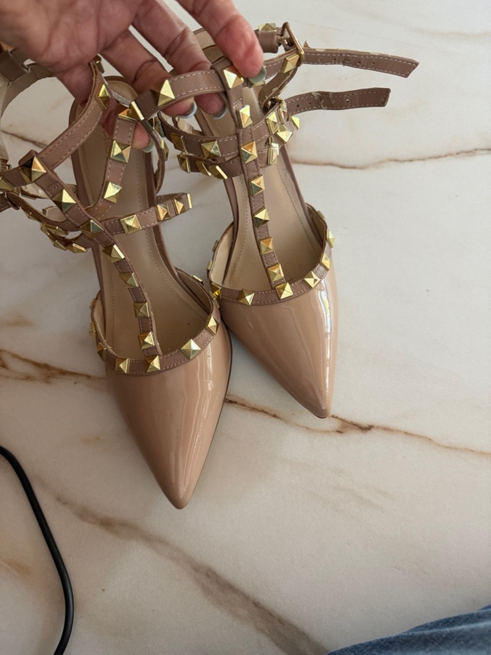 BCBGeneration Nude Patent T-Strap Pointed Stud Pumps
